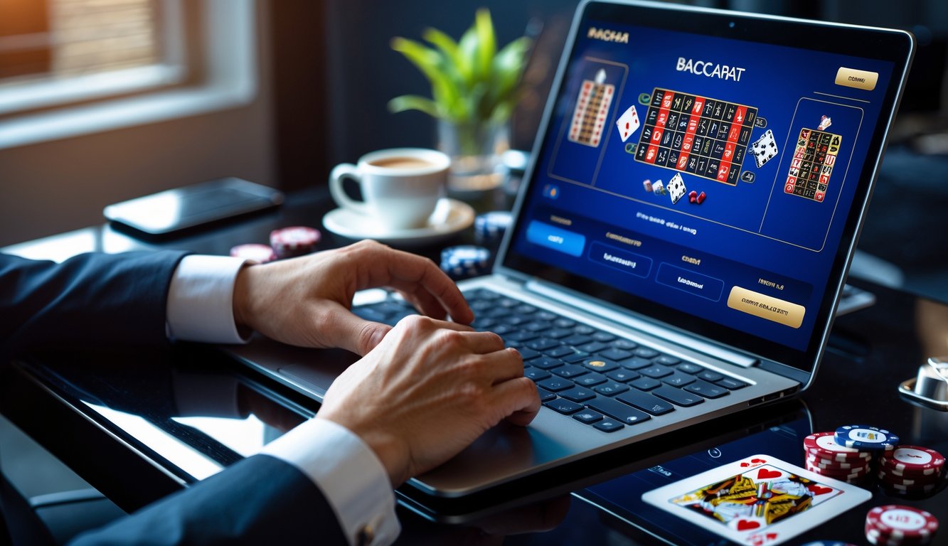 Seorang pria duduk di depan laptop dengan permainan baccarat online di layar, dikelilingi oleh chip poker dan kartu remi di meja.