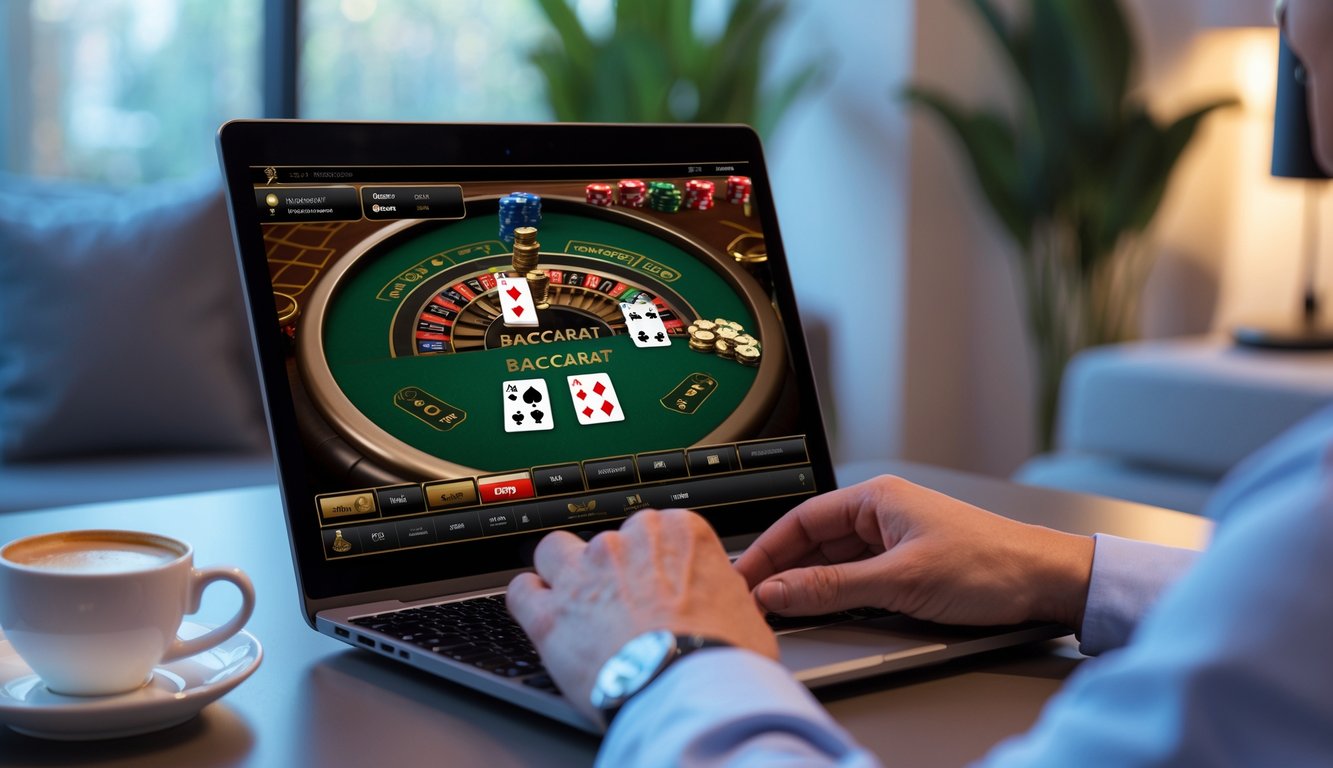 Seseorang sedang bermain permainan baccarat online di laptop di ruang tamu yang nyaman.