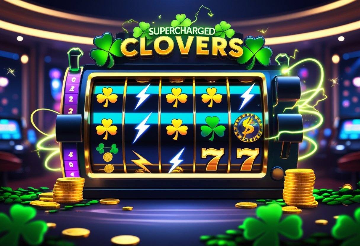 Ilustrasi mesin slot dengan simbol daun semanggi, petir, dan koin emas di latar kasino yang gelap dan bercahaya.