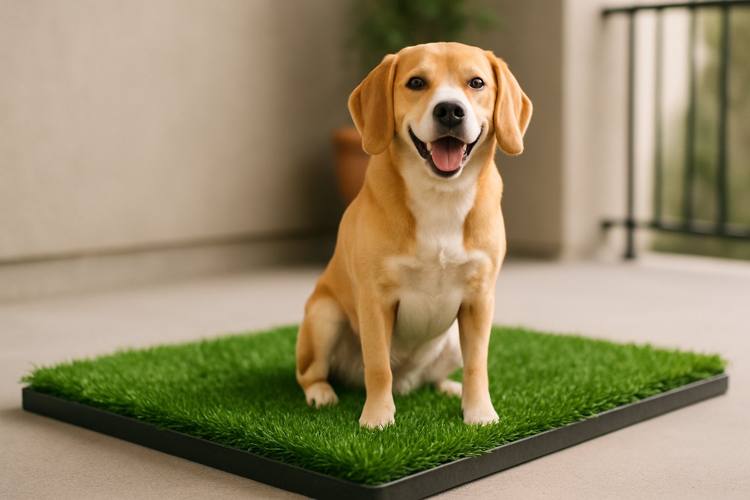 A medium-sized dog standing on a patch of green artificial grass outdoors.