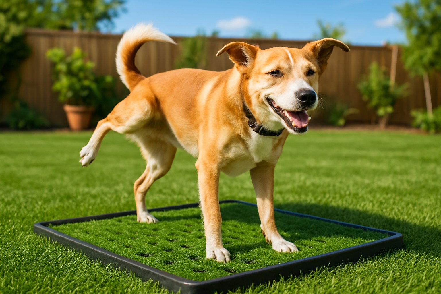 A medium-sized dog standing on green artificial grass in a sunny backyard.