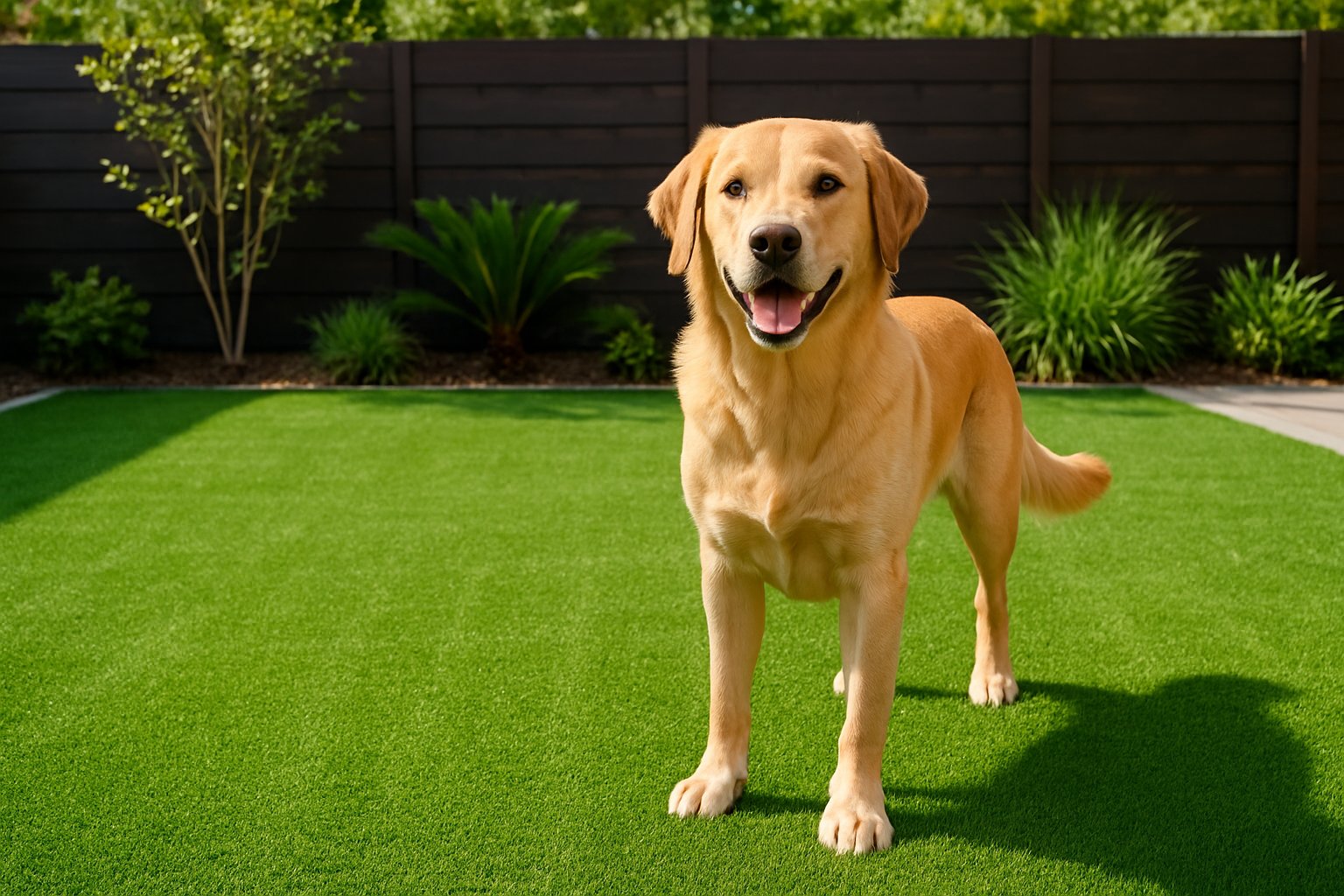 A happy dog standing on clean, green artificial grass in a backyard with a fence and plants.