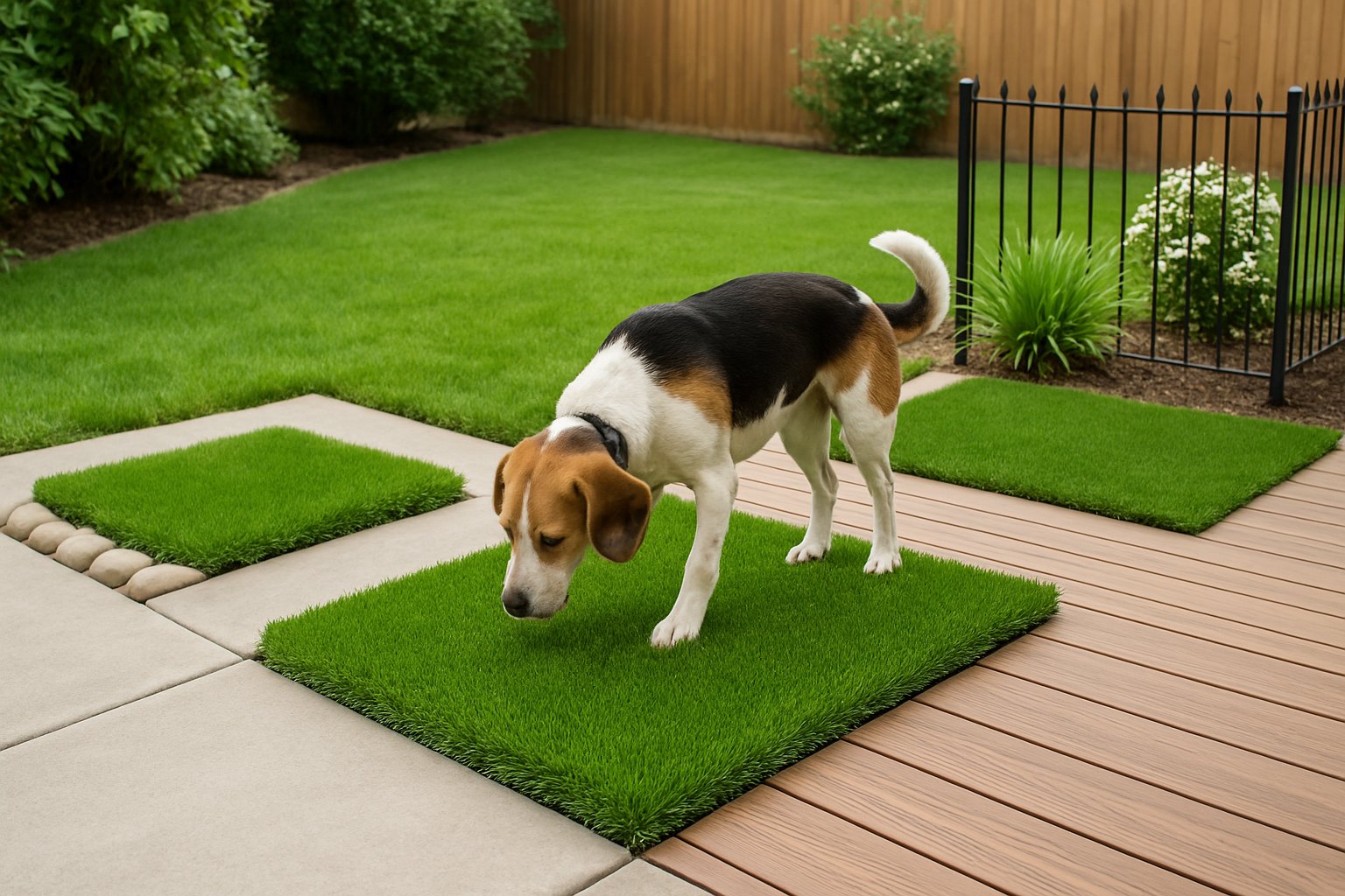 A backyard showing several artificial grass areas designed for dogs to relieve themselves, with a dog using one of the patches.