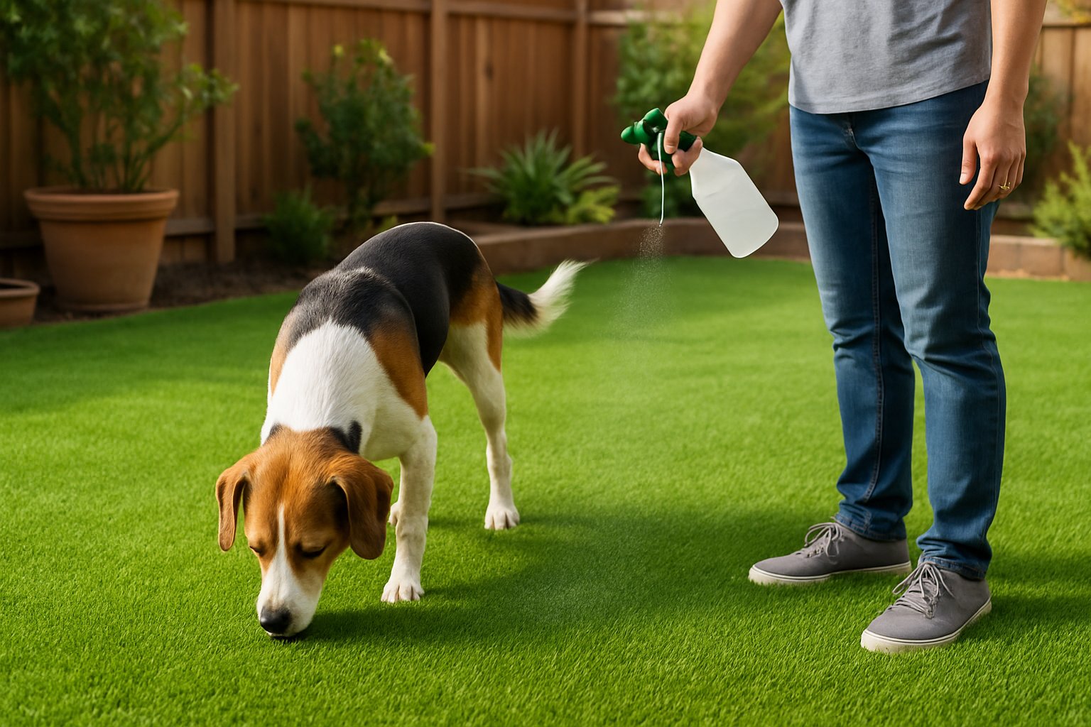 A person cleaning artificial grass in a backyard while a dog stands on the grass.
