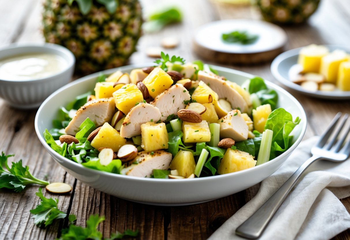 A bowl of pineapple chicken salad with grilled chicken, pineapple chunks, celery, almonds, and lettuce on a wooden table with a small bowl of dressing and a fork nearby.