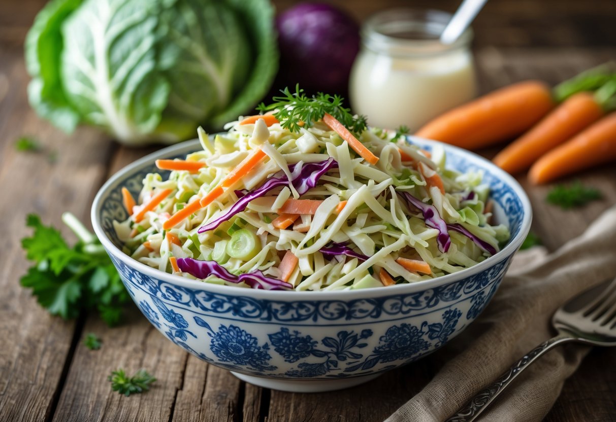 A bowl of fresh coleslaw made with shredded cabbage and carrots on a wooden table with fresh vegetables around it.