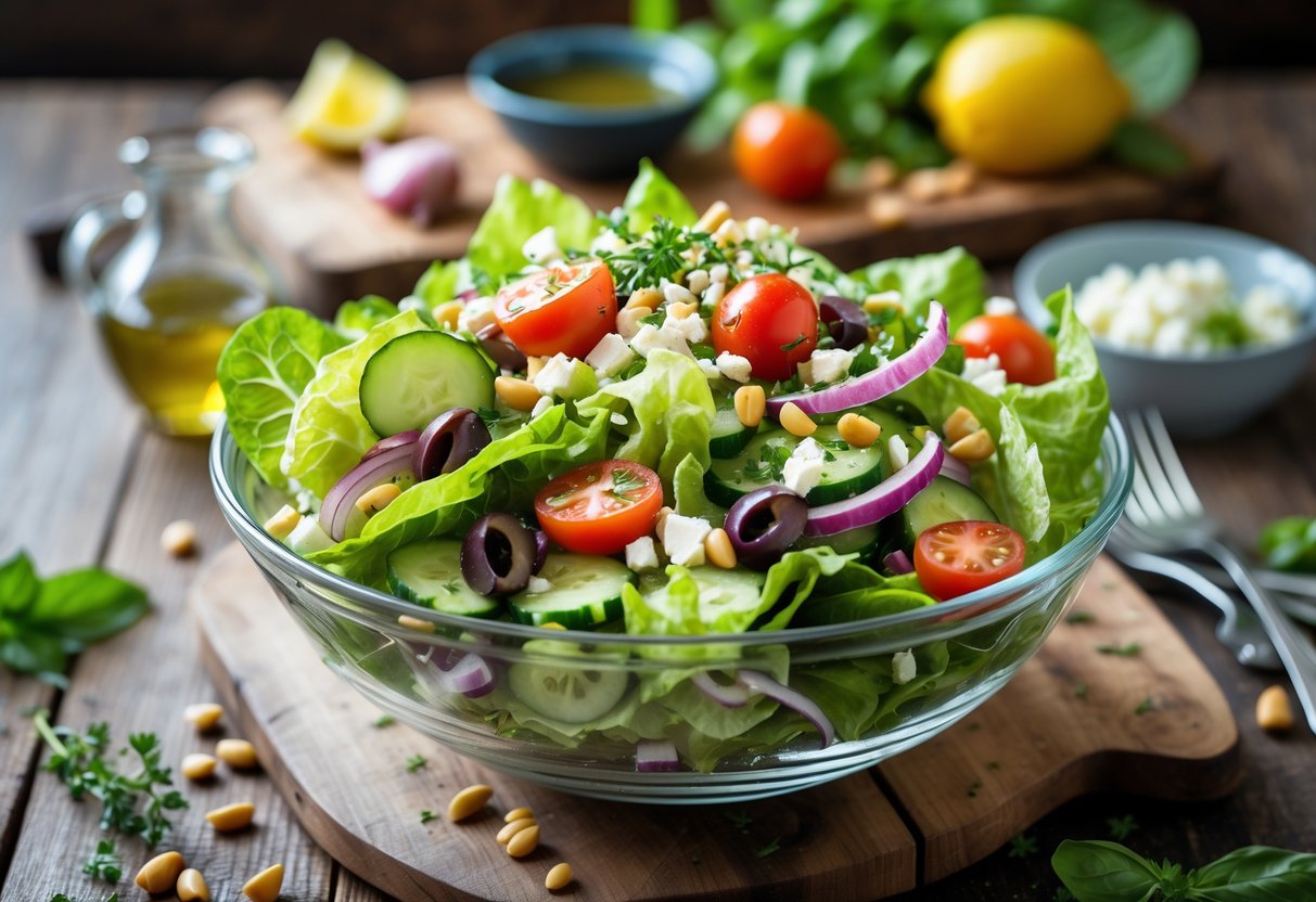 A bowl of fresh salad with lettuce, cherry tomatoes, cucumbers, red onions, olives, feta cheese, and pine nuts on a wooden table with fresh ingredients nearby.