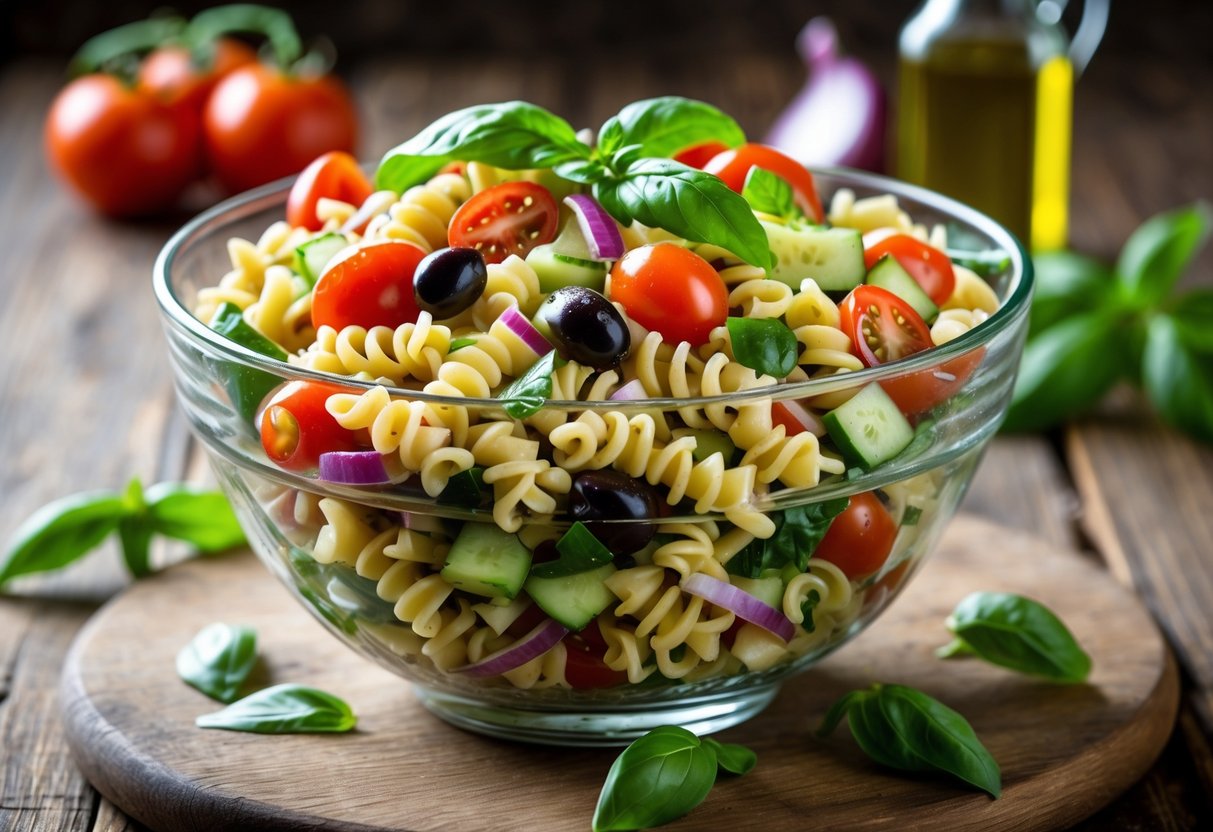 A bowl of colorful pasta salad with vegetables and herbs on a wooden table.