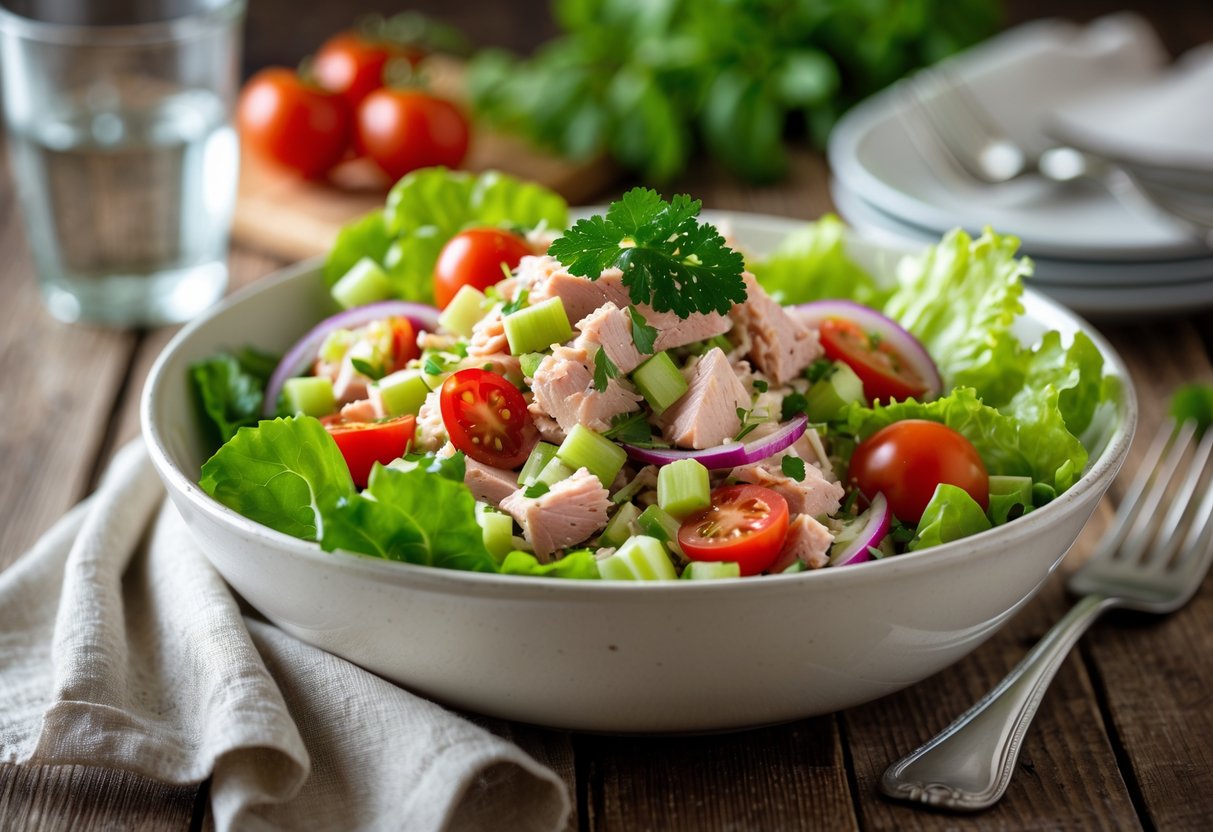 A bowl of fresh tuna salad with lettuce, cherry tomatoes, celery, and red onions on a wooden table.