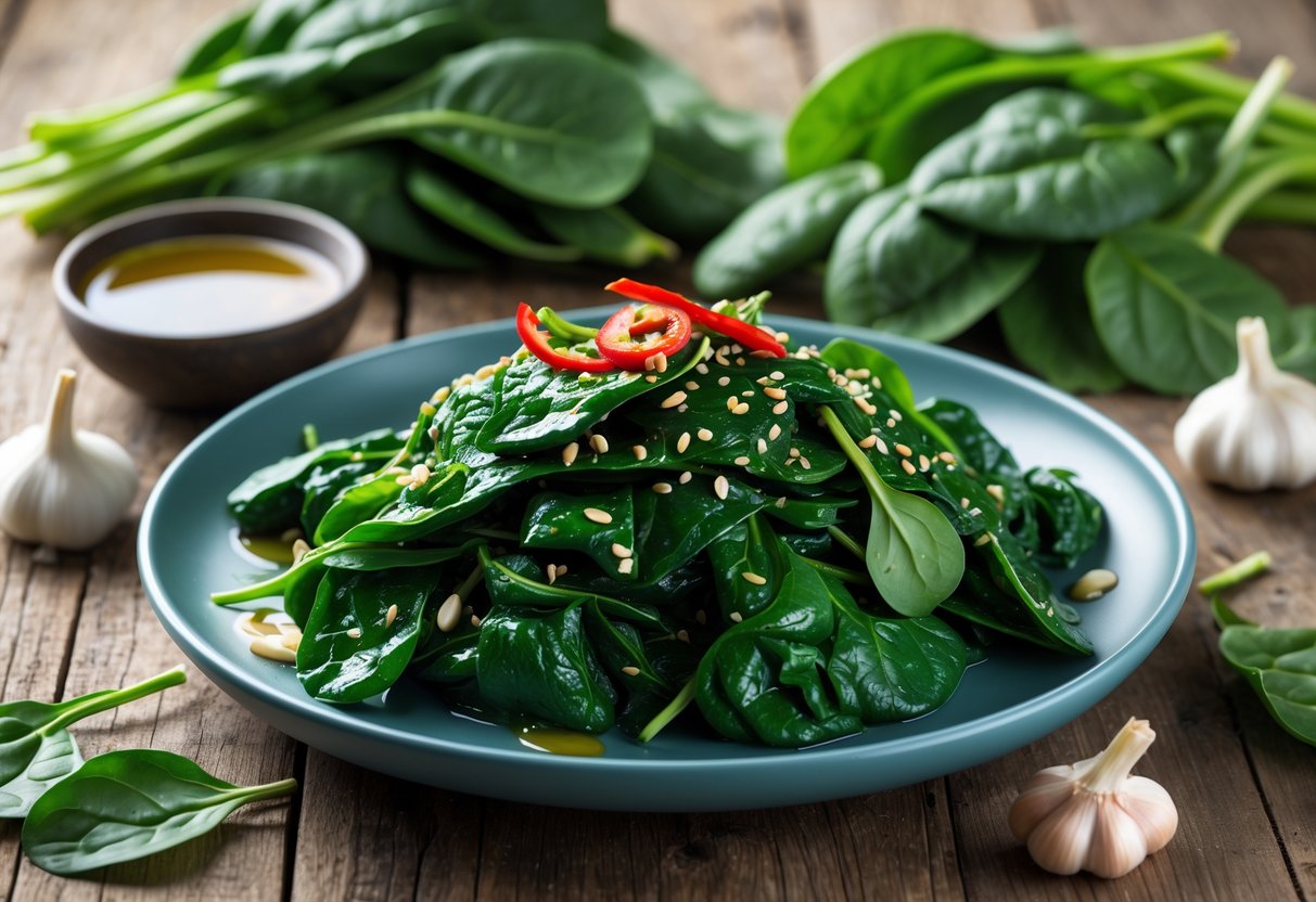 A plate of sautéed longevity spinach garnished with garlic and red chili on a wooden table with fresh spinach and garlic nearby.