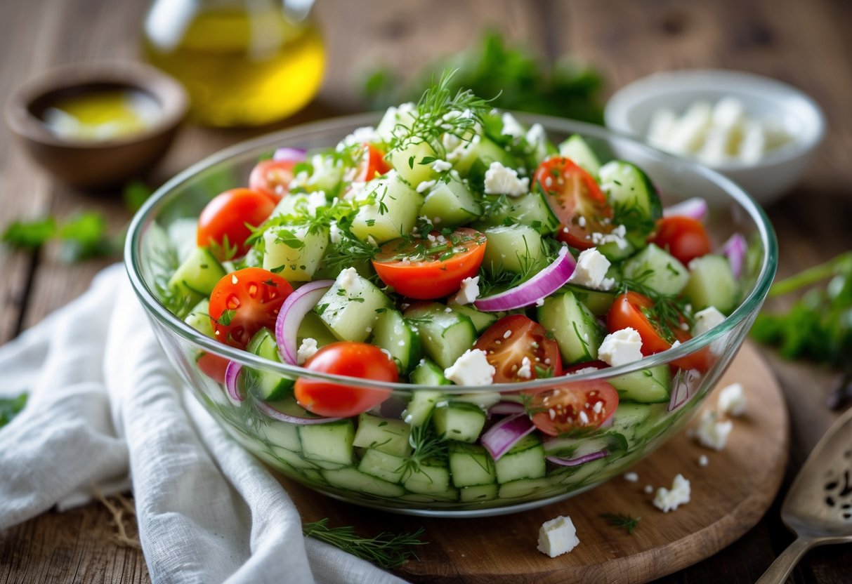 A bowl of fresh cucumber and tomato salad with herbs, red onion, and feta cheese on a wooden table.