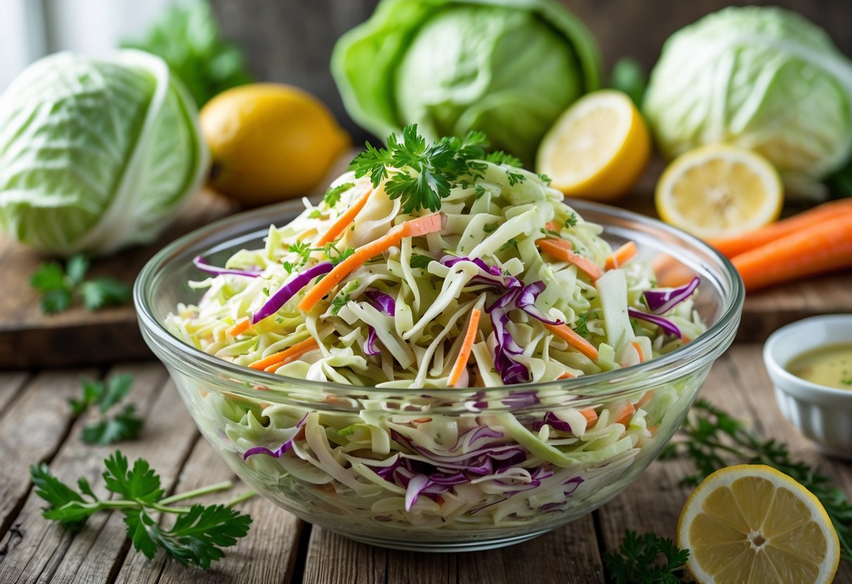 A bowl of fresh coleslaw with shredded cabbage and carrots on a wooden table surrounded by fresh vegetables.