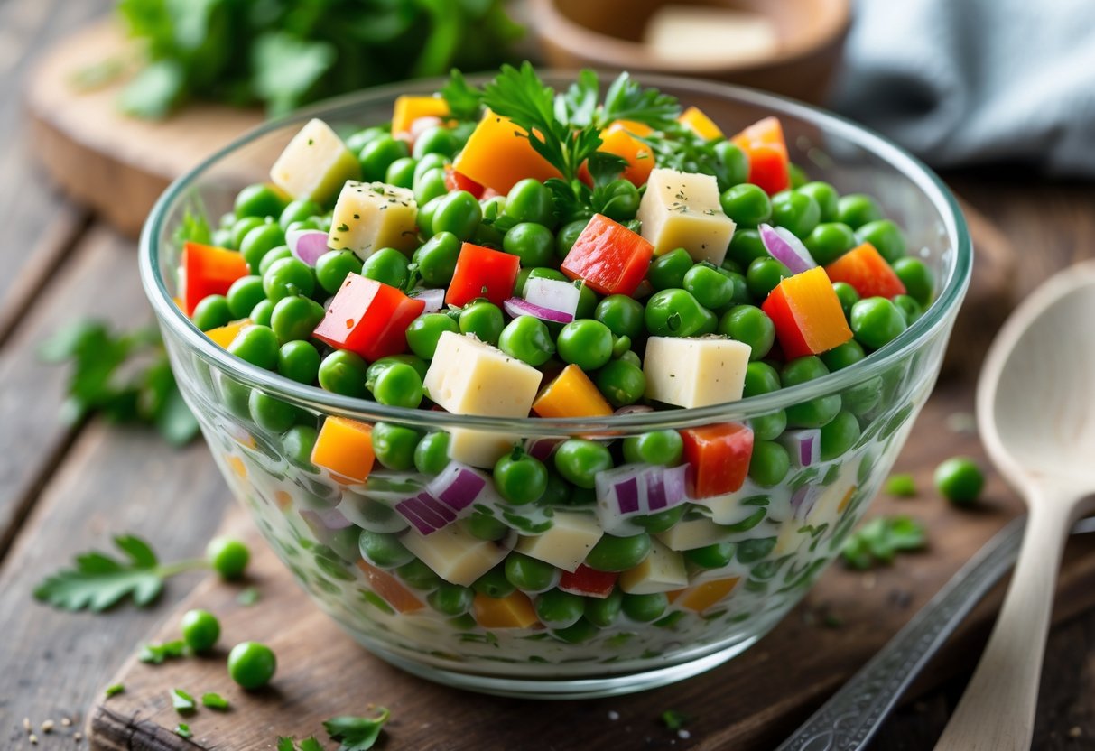 A bowl of fresh pea salad with green peas, red bell peppers, red onions, and cheese on a wooden table.