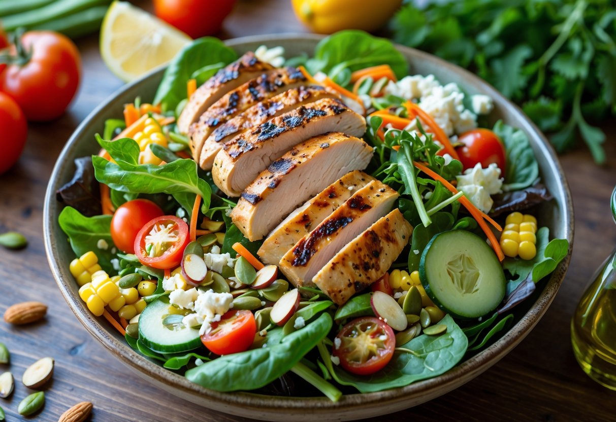 A bowl of fresh chicken salad with mixed greens, vegetables, nuts, and cheese on a wooden table surrounded by fresh ingredients.