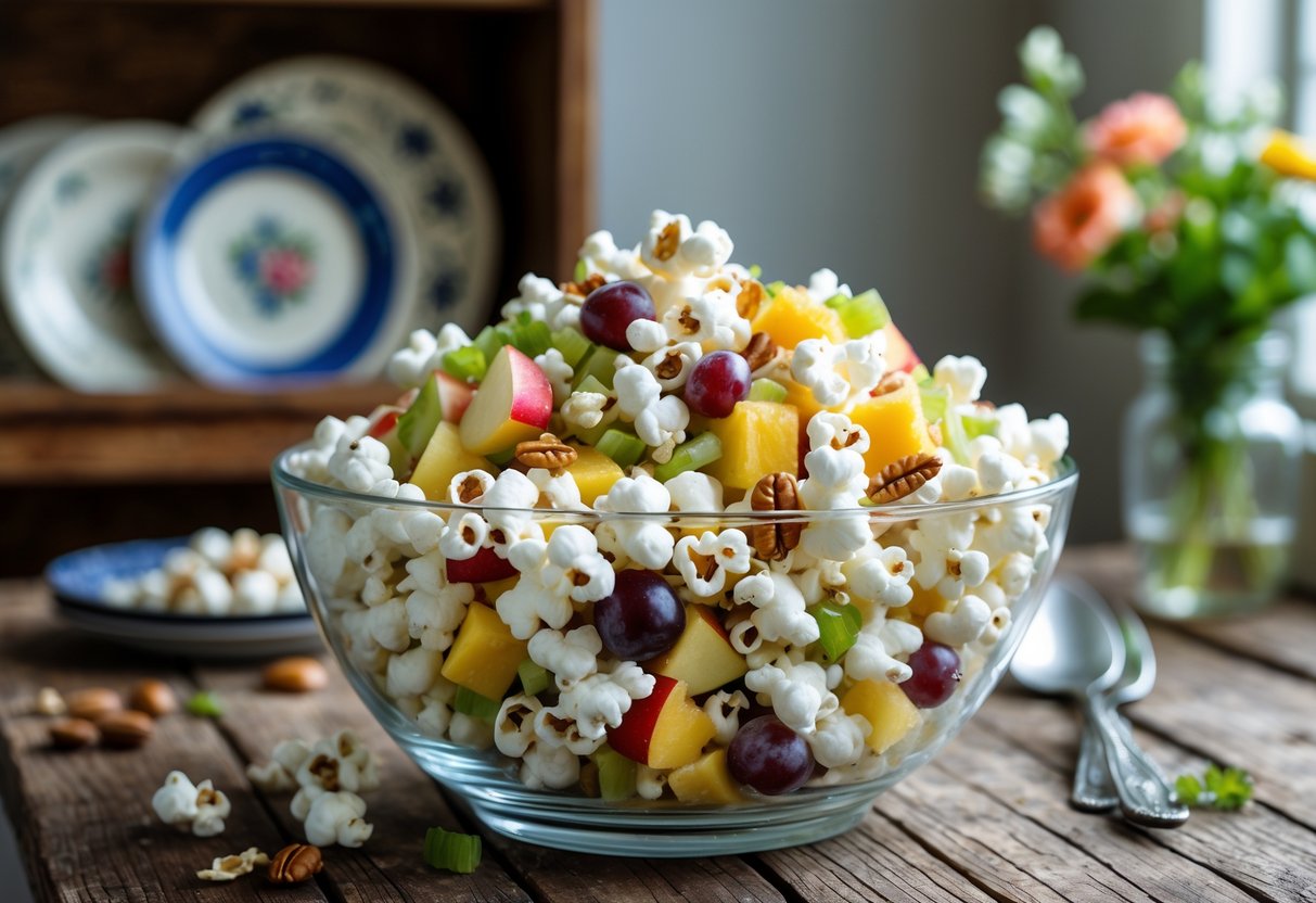 A bowl of old Dutch popcorn salad with popcorn, diced fruits, celery, and nuts on a wooden table in a kitchen setting.