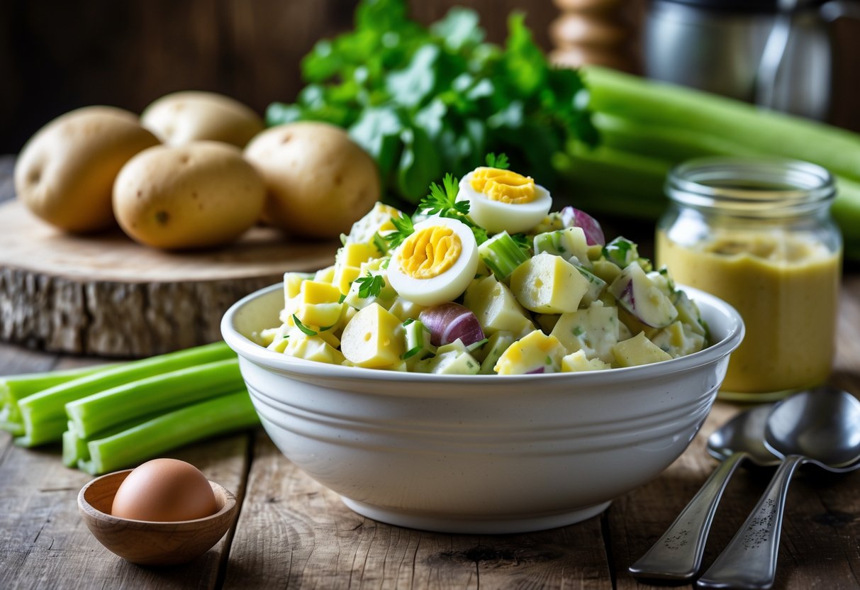 A bowl of creamy potato salad with eggs and celery on a wooden countertop surrounded by fresh ingredients in a kitchen.