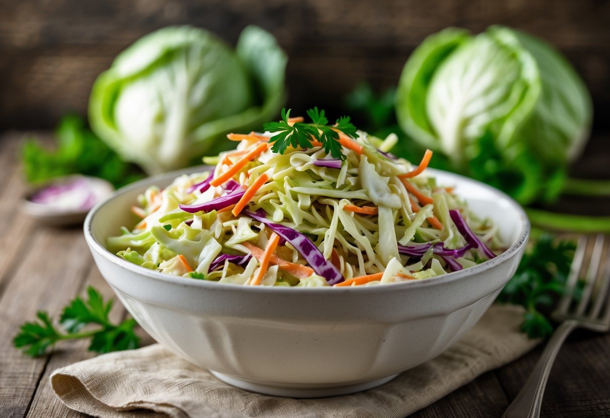 A bowl of fresh coleslaw with shredded cabbage and carrots on a wooden table.