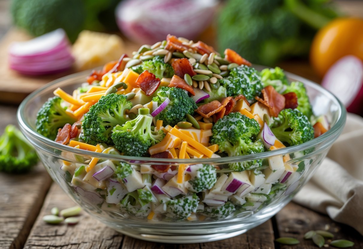 A bowl of broccoli salad with bacon, cheese, sunflower seeds, and red onions on a wooden table.