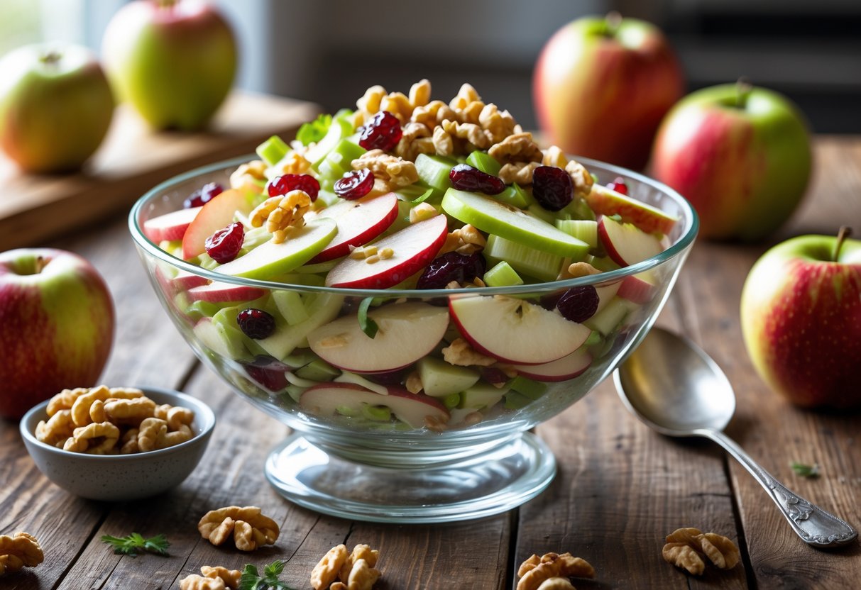 A bowl of Ruby Tuesday apple salad with sliced apples, celery, walnuts, and dried cranberries on a wooden table with whole apples and walnuts nearby.