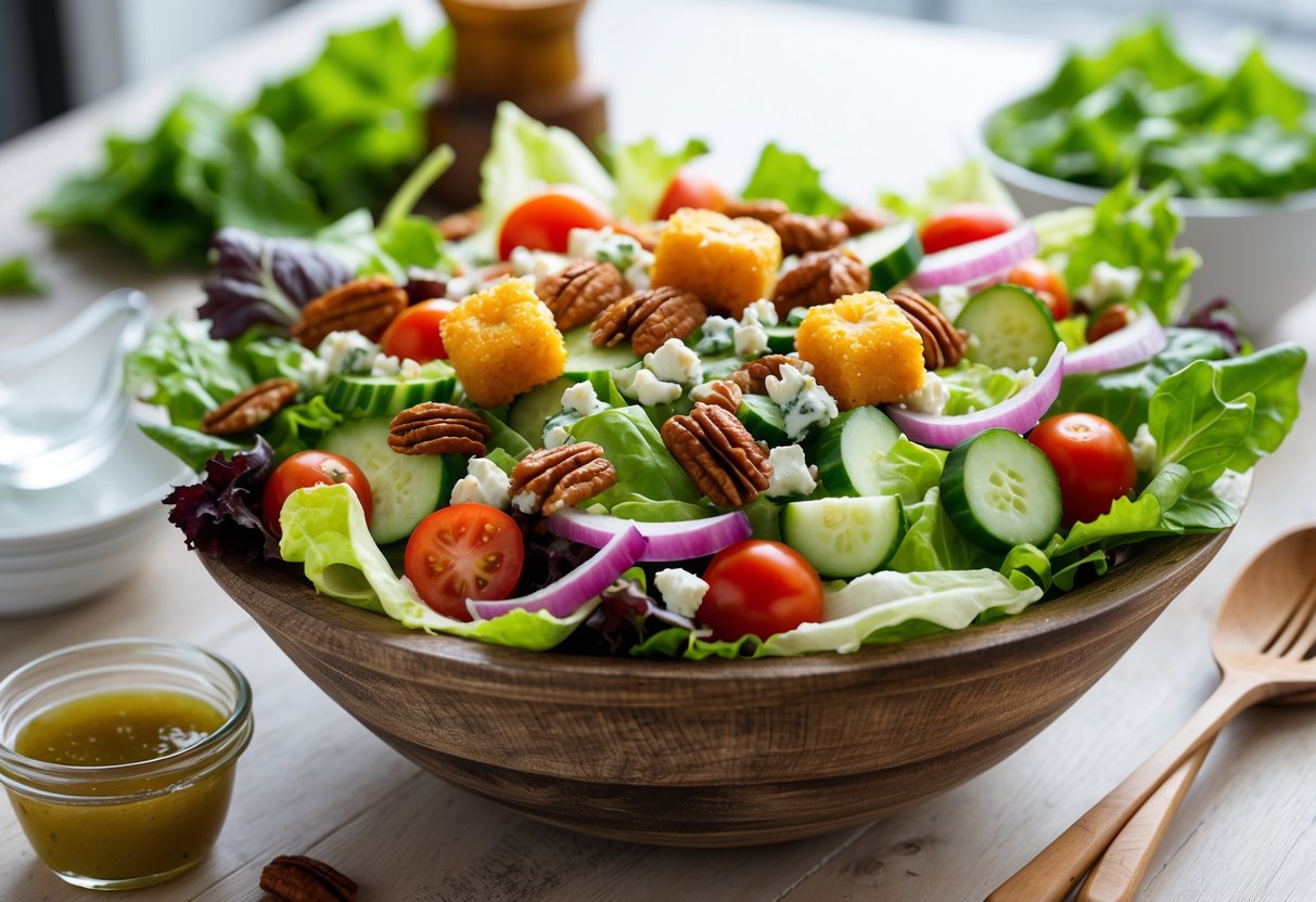 A bowl of St. Louis salad with mixed greens, cherry tomatoes, cucumbers, red onions, pecans, blue cheese, and fried cheese cubes on a wooden table with a small bowl of dressing and salad utensils.