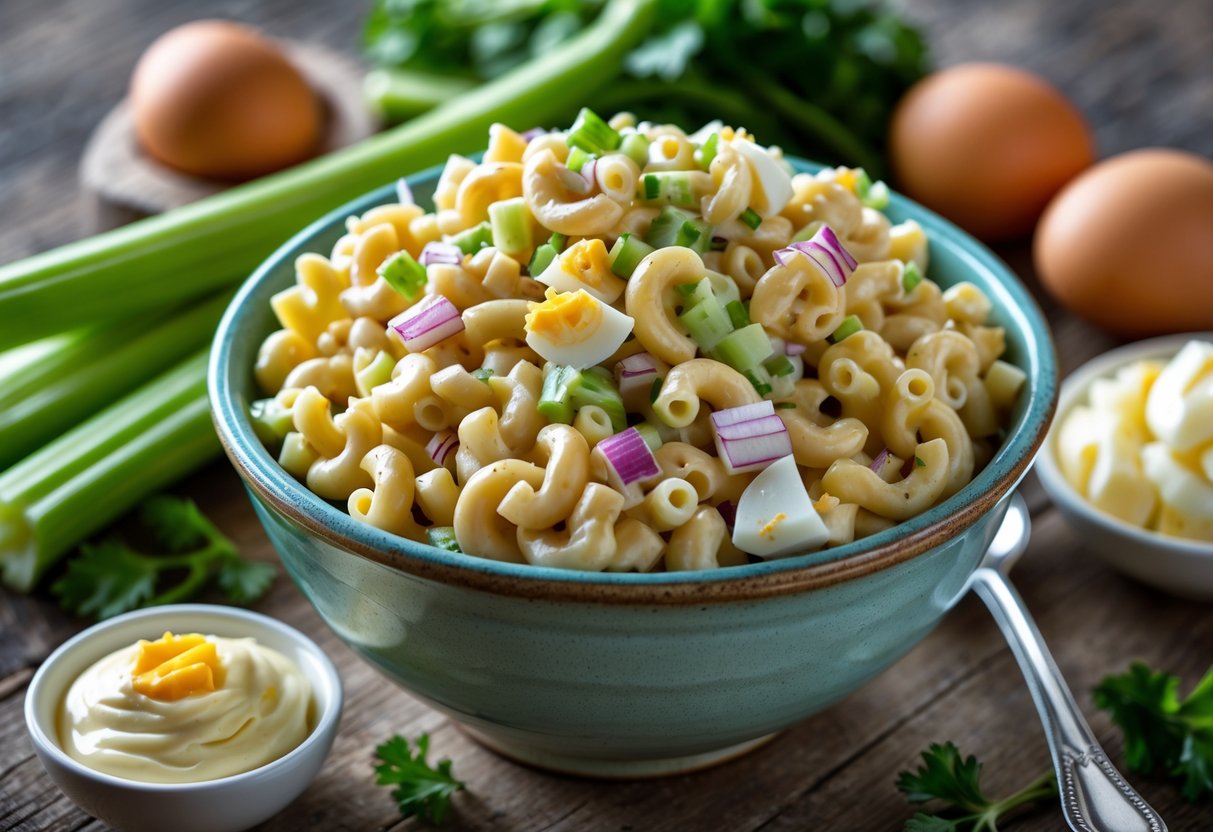 A bowl of creamy macaroni salad with diced celery, hard-boiled eggs, and onions on a wooden table with fresh ingredients around it.
