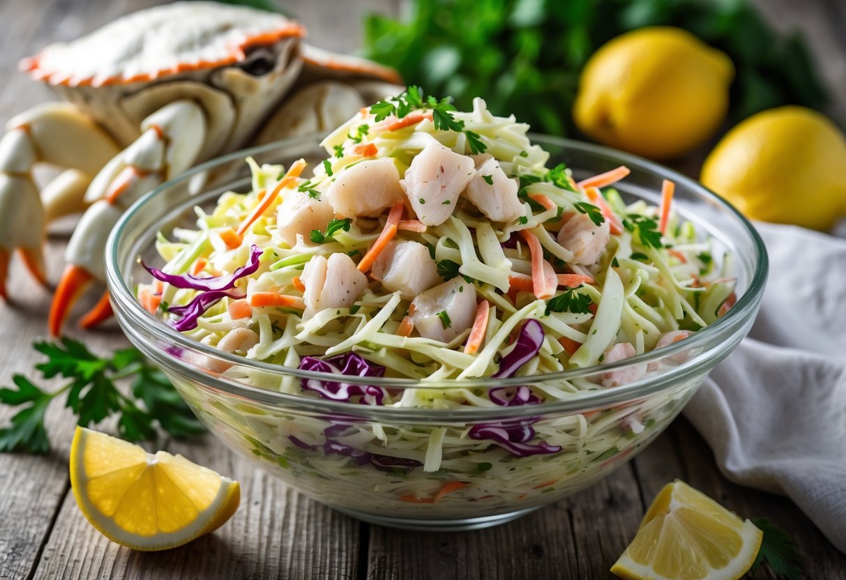 A bowl of stone crab coleslaw with shredded cabbage, carrots, and crab meat on a wooden table surrounded by crab claws and lemon wedges.