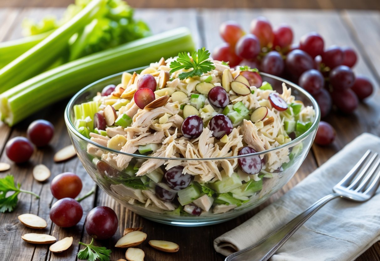 A bowl of chicken salad with celery, grapes, and almonds on a wooden table with fresh ingredients around it.