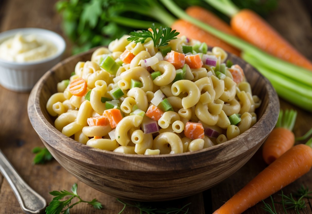 A bowl of creamy macaroni salad on a wooden table with fresh vegetables nearby.