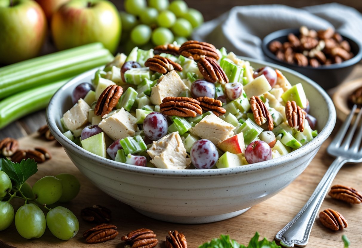 A bowl of chicken salad with celery, apples, grapes, and pecans on a wooden table with fresh ingredients around it.