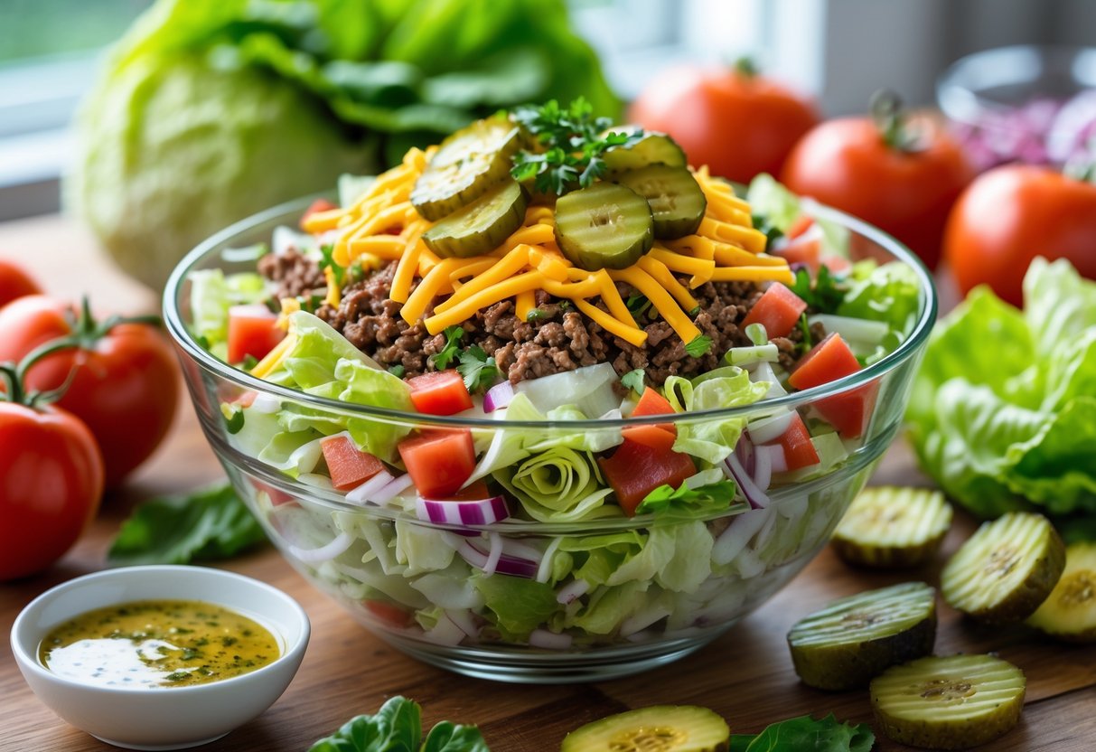 A bowl of fresh Big Mac salad with lettuce, tomatoes, cheese, onions, pickles, and ground beef topped with creamy dressing on a wooden table surrounded by fresh ingredients.