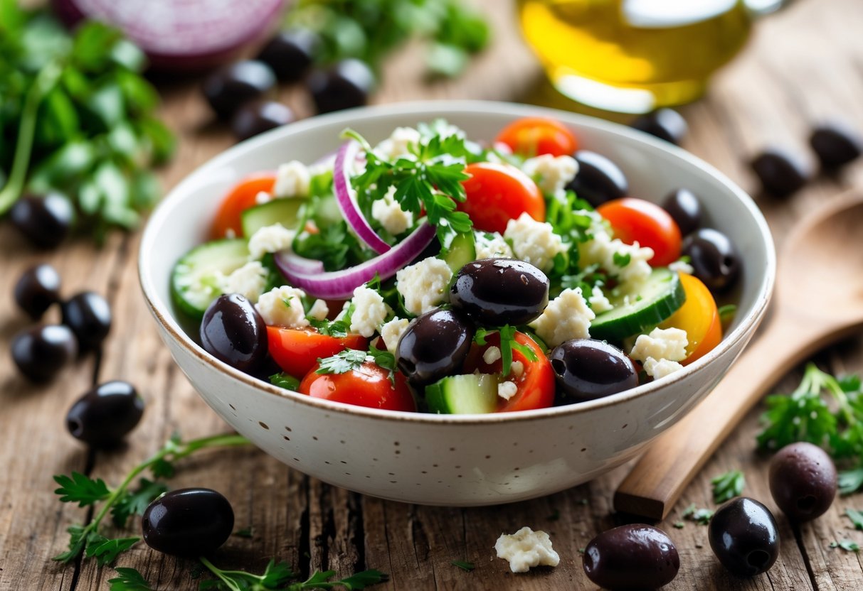 A bowl of fresh salad with black olives, cherry tomatoes, cucumber, red onion, and feta cheese on a wooden table with olive oil and herbs nearby.