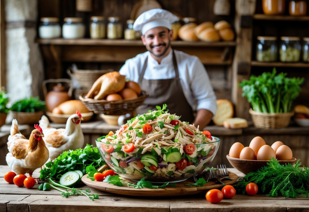 A village baker in a kitchen holding a basket of bread next to a bowl of fresh chicken salad on a wooden table with vegetables and herbs.