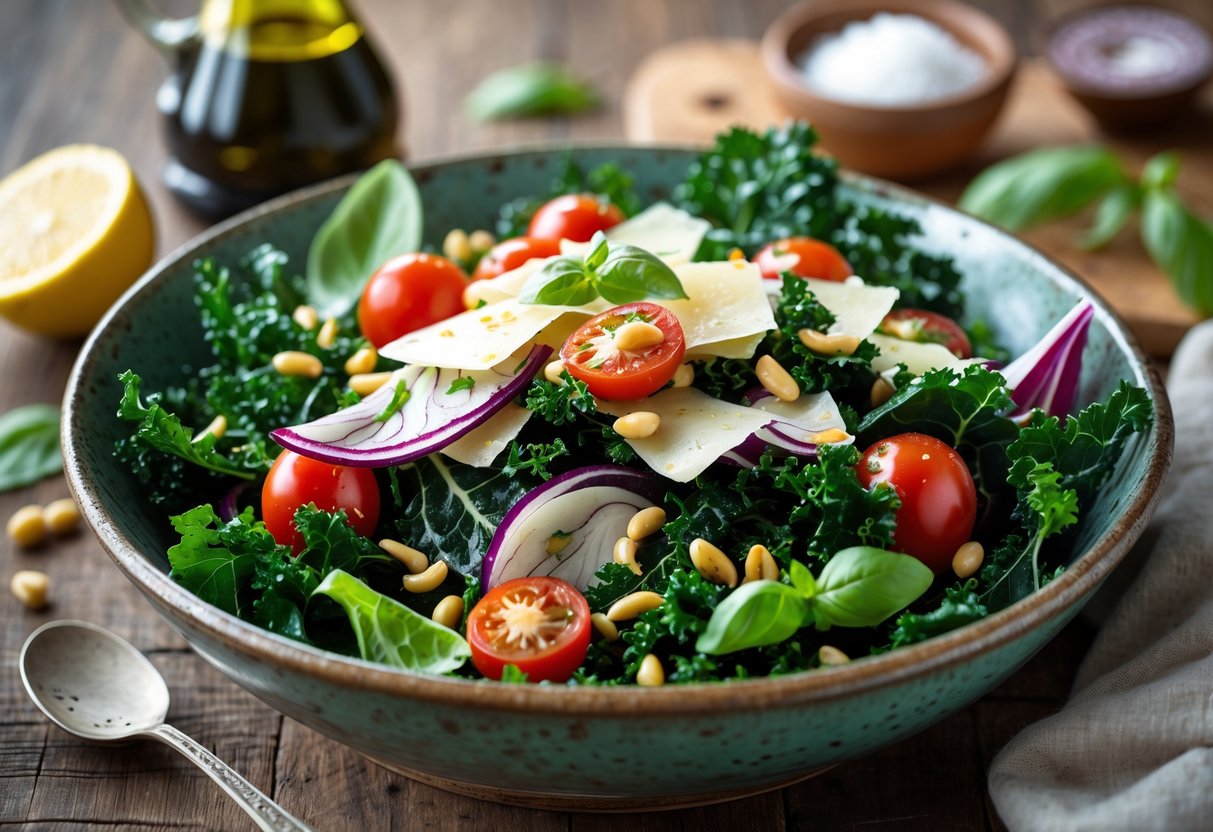 A bowl of kale salad with radicchio, cherry tomatoes, Parmesan cheese, pine nuts, and red onions on a wooden table with olive oil and lemon nearby.