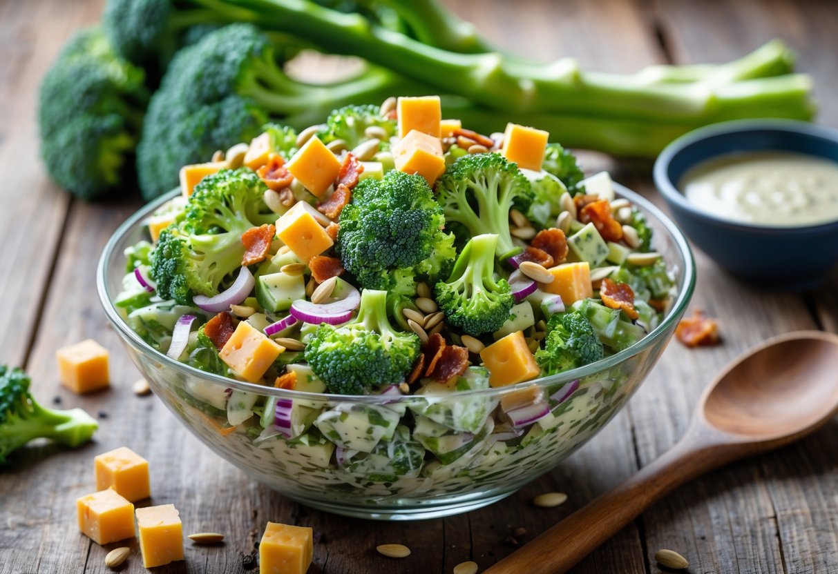 A bowl of fresh broccoli salad with bacon, cheddar cheese, and dressing on a wooden table.