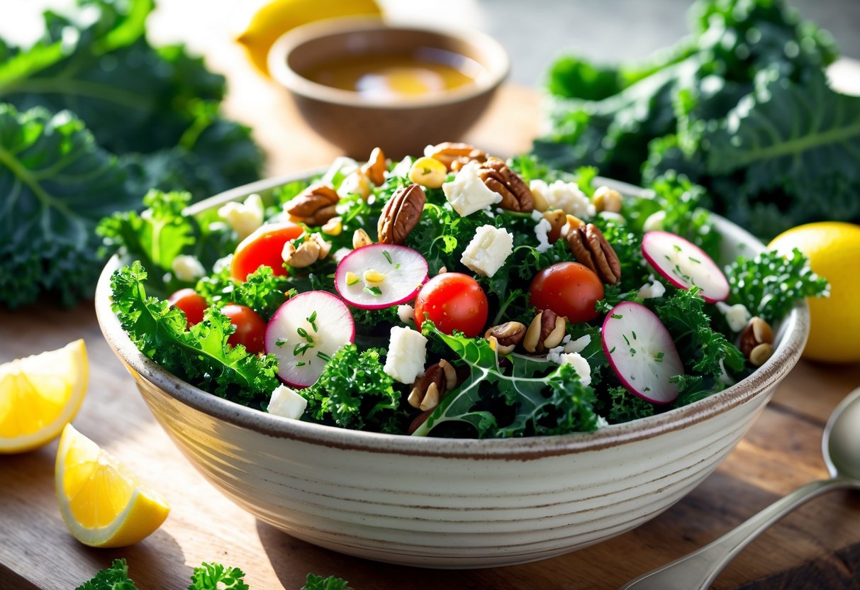 A bowl of fresh kale salad with radishes, tomatoes, nuts, and cheese on a wooden table surrounded by fresh ingredients.