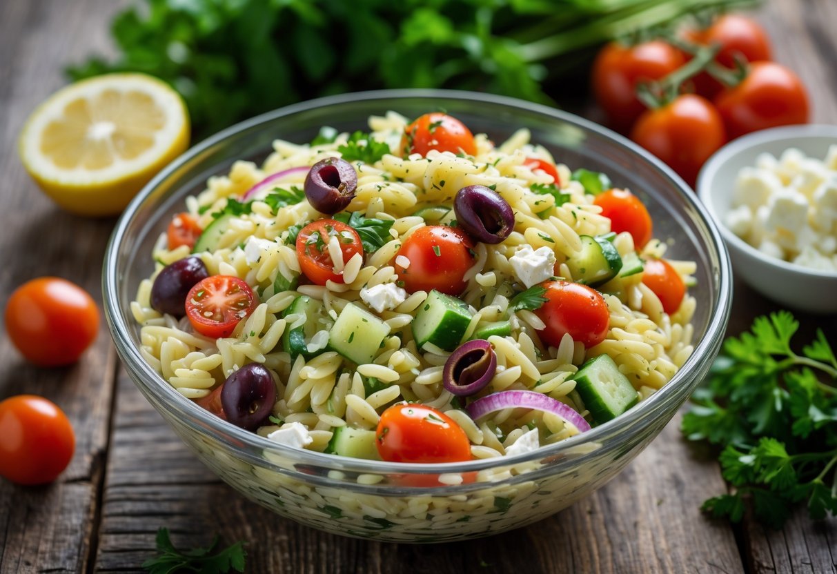 A bowl of orzo salad with tomatoes, cucumbers, olives, feta cheese, and parsley on a wooden table surrounded by fresh ingredients.