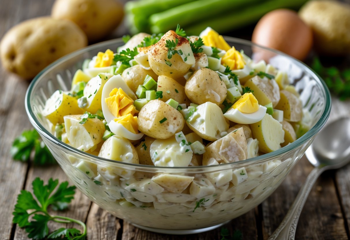 A bowl of creamy potato salad with chopped celery, onions, and hard-boiled eggs, garnished with parsley and paprika on a wooden table.
