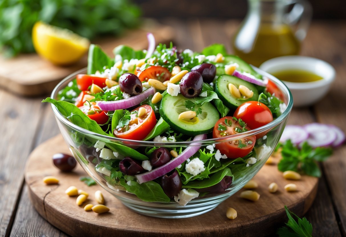 A bowl of fresh savory salad with mixed greens, tomatoes, cucumbers, olives, feta cheese, and pine nuts on a wooden table.