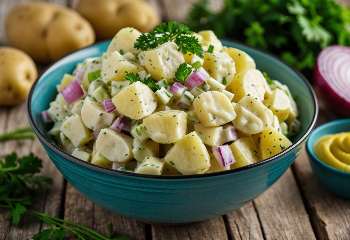 A bowl of creamy potato salad with chopped vegetables and herbs on a wooden table surrounded by fresh ingredients.