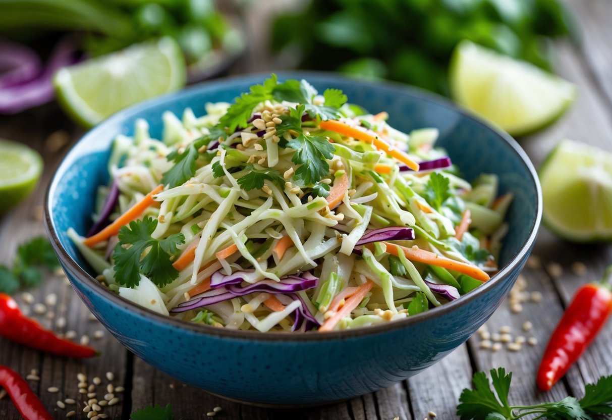 A bowl of colorful cabbage and carrot slaw with fresh herbs on a wooden table, surrounded by lime wedges and chili peppers.