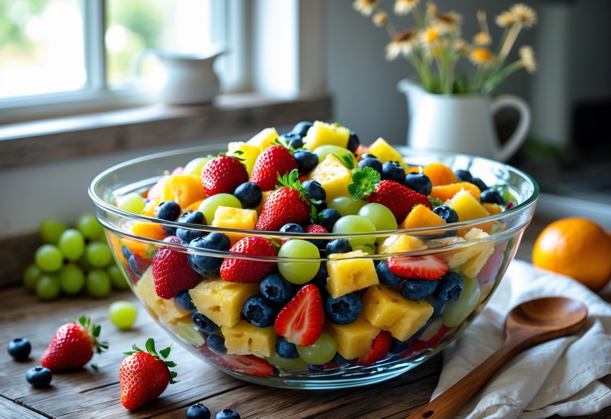 A bowl of colorful fresh fruit salad on a wooden countertop with fresh fruits and kitchen items around it.