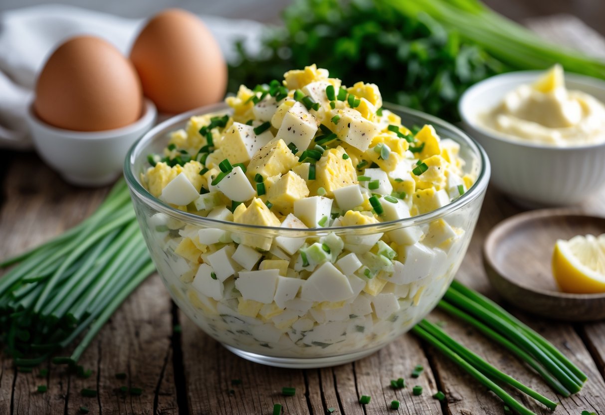 A bowl of creamy egg salad on a wooden table surrounded by fresh eggs, chives, mayonnaise, and a lemon wedge in a kitchen setting.