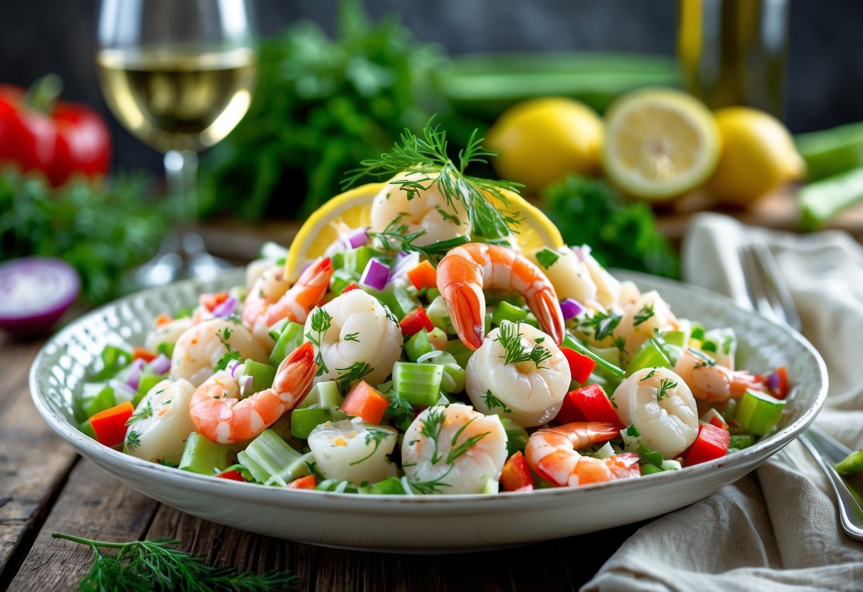 A plate of deluxe seafood salad with crab meat, shrimp, scallops, celery, red bell peppers, and herbs, garnished with lemon wedges on a wooden table.