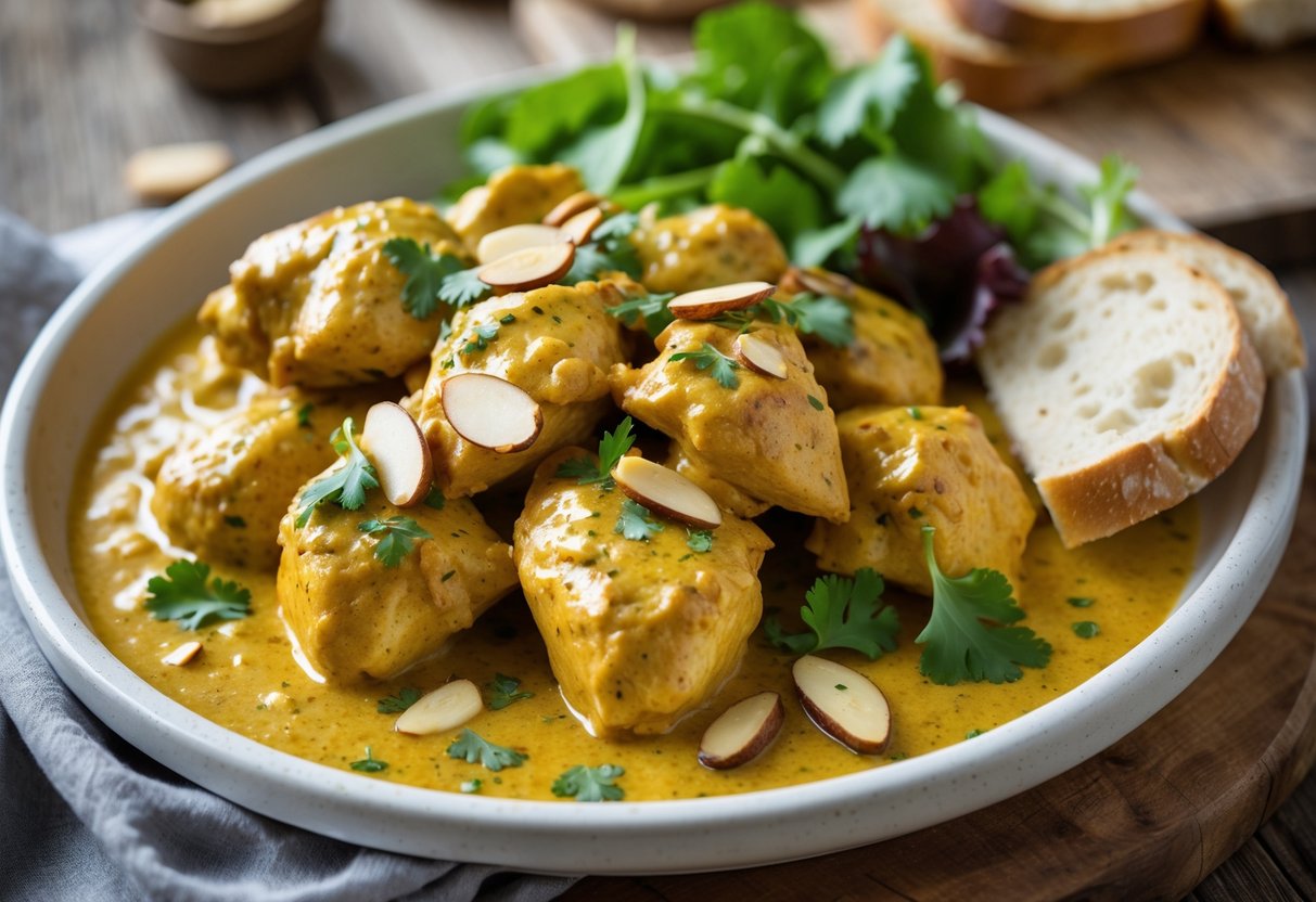 A plate of coronation chicken with creamy yellow sauce, garnished with herbs and almonds, served with salad and bread on a wooden table.
