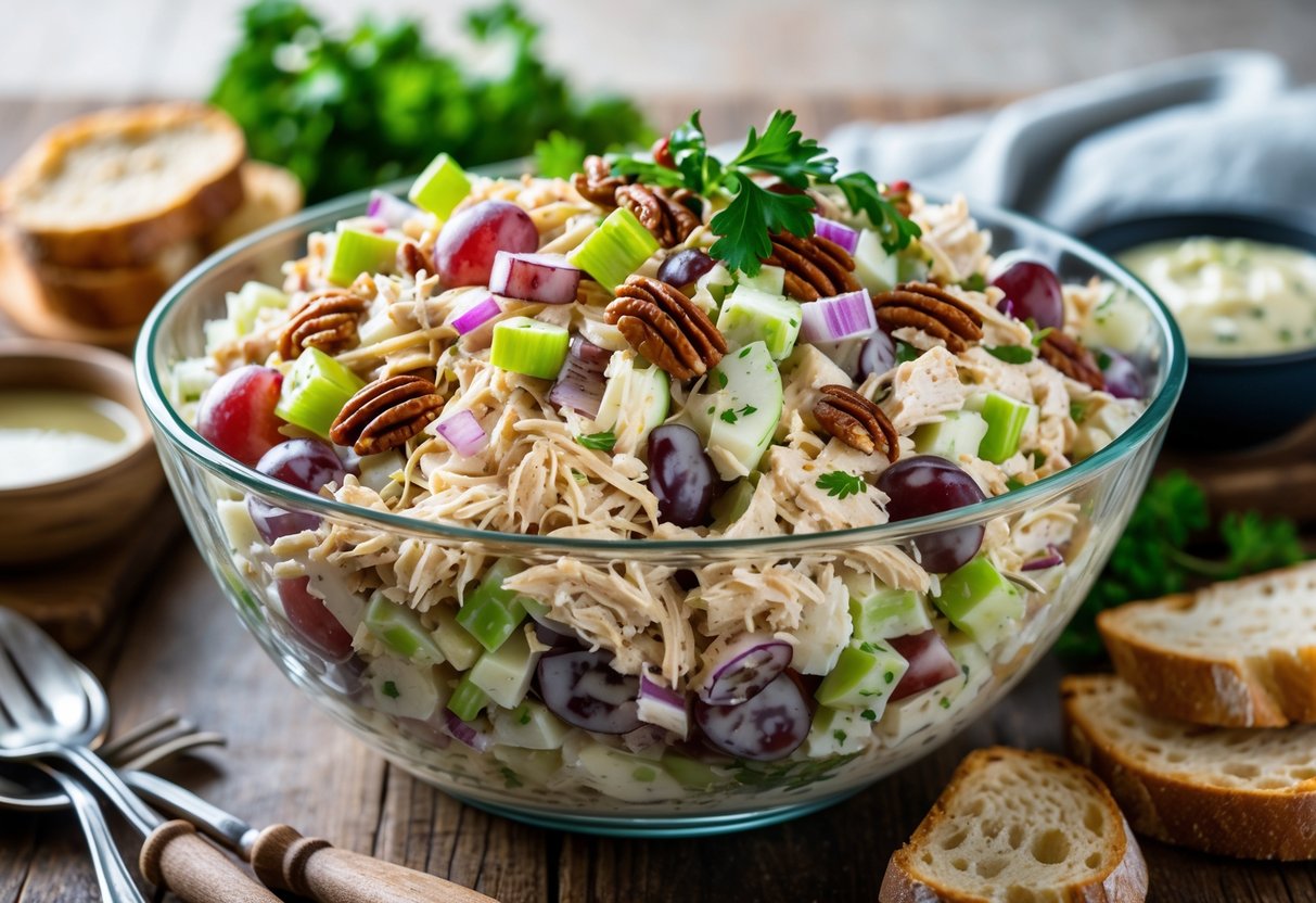 A bowl of chicken salad with celery, grapes, pecans, and creamy dressing on a wooden table with bread and utensils nearby.