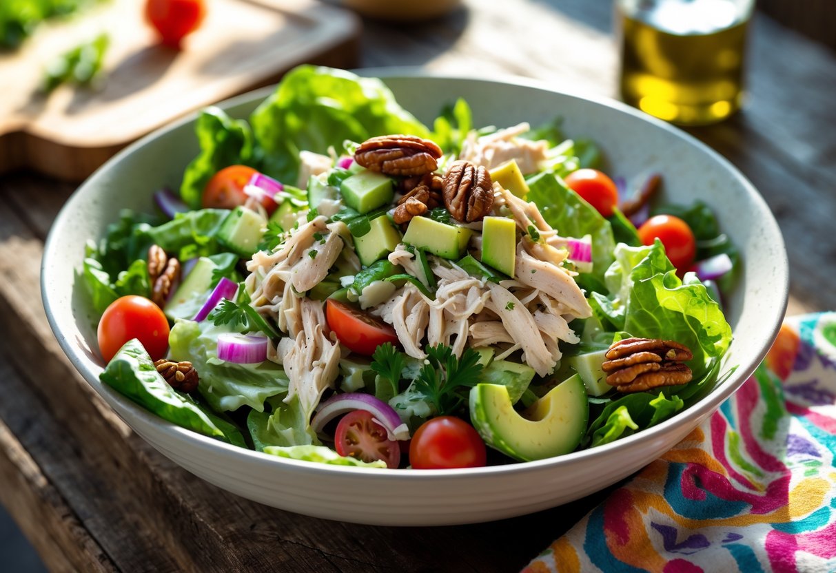 A bowl of chicken salad with lettuce, cherry tomatoes, cucumbers, avocado, and nuts on a wooden table.