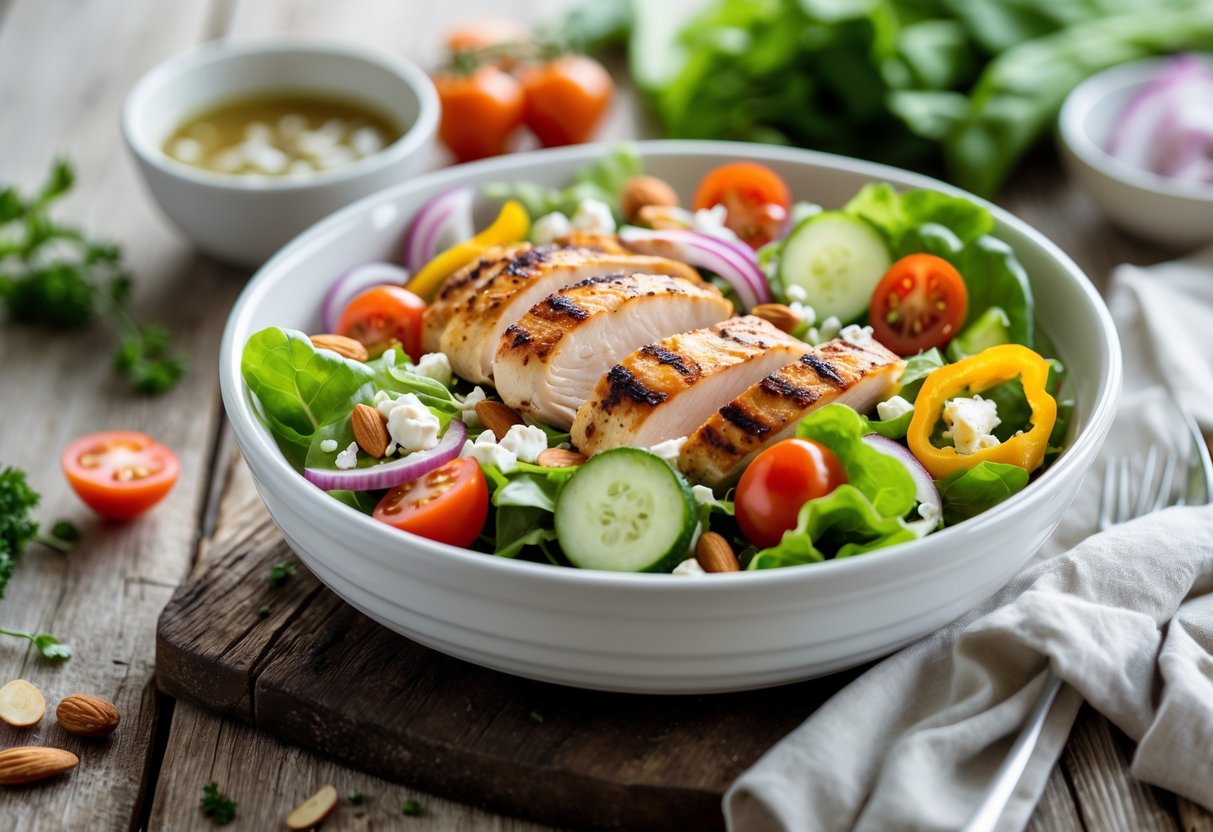 A bowl of fresh chicken salad with grilled chicken, lettuce, tomatoes, cucumbers, onions, and bell peppers on a wooden table with a small bowl of dressing beside it.