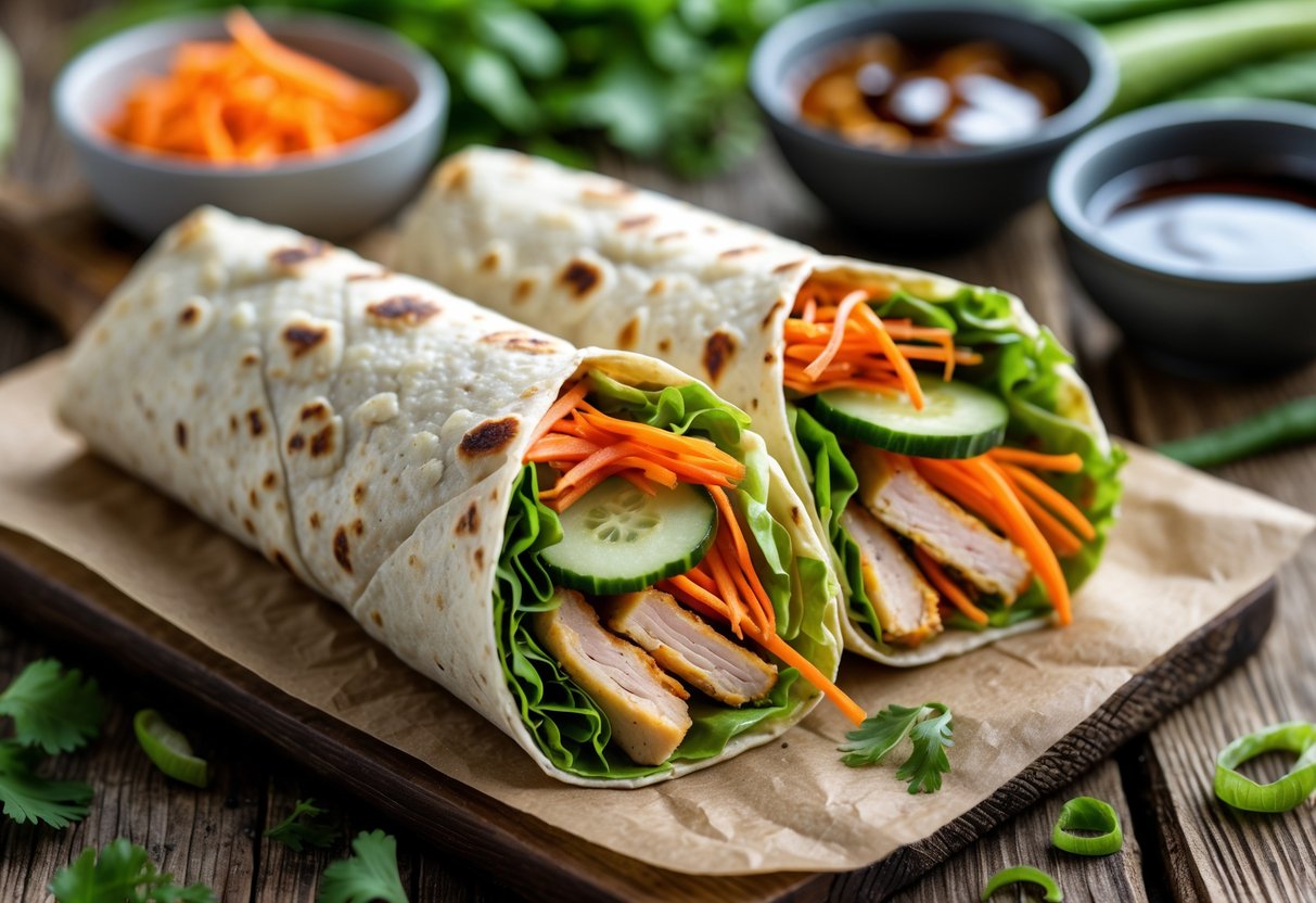 A close-up of a halved Asian-style wrap with colorful vegetables and grilled chicken on a wooden table, accompanied by small bowls of dipping sauces and fresh herbs.
