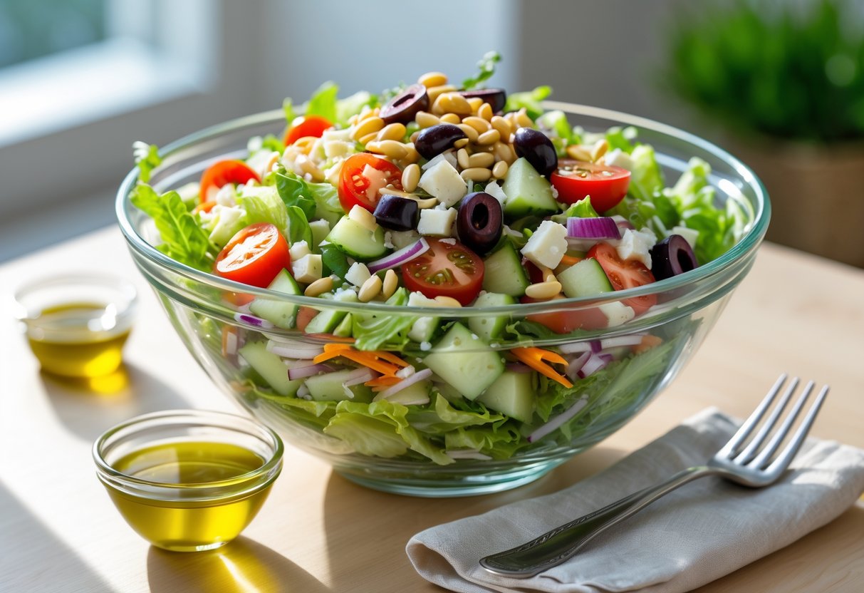 A bowl of fresh brio chopped salad with various chopped vegetables and cheese on a wooden table with a fork and dressing nearby.