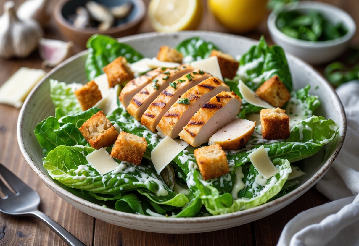 A bowl of Caesar salad with grilled chicken, romaine lettuce, croutons, and Parmesan cheese on a wooden table with kitchen ingredients blurred in the background.